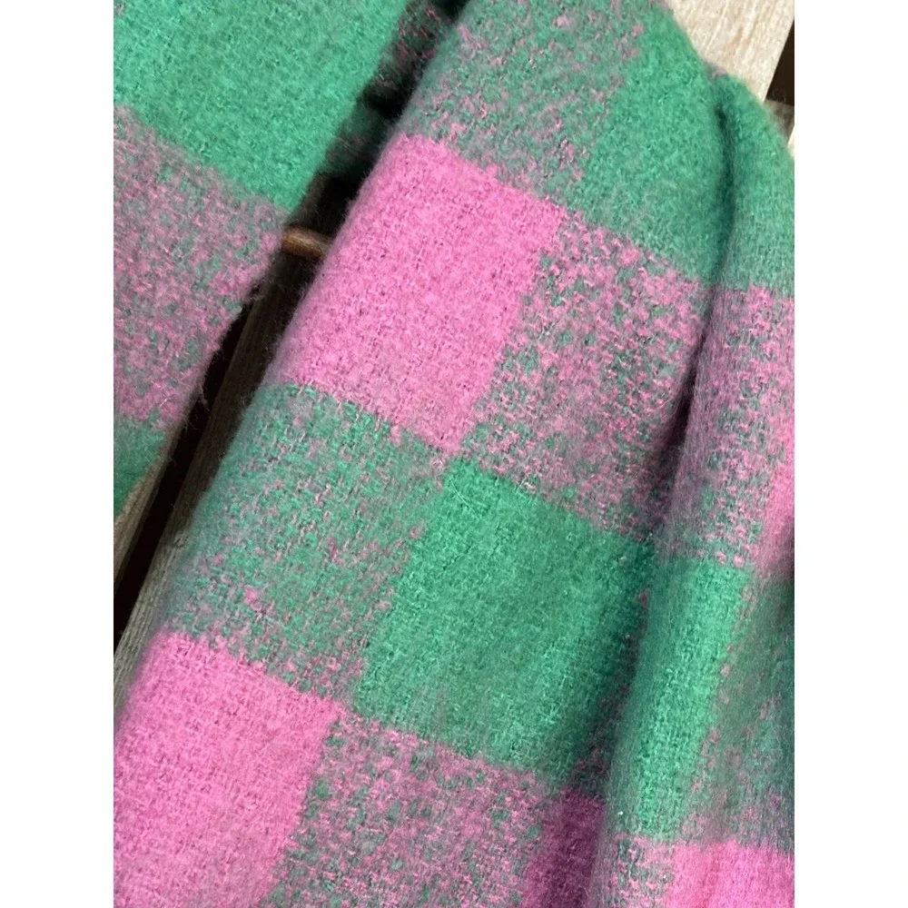 H&M Cosmic‎ Youth Oversized Plaid Blanket Scarf Pink Green Fringe